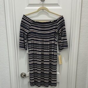 Elegant Navy and White Striped Off-Shoulder Midi Dress